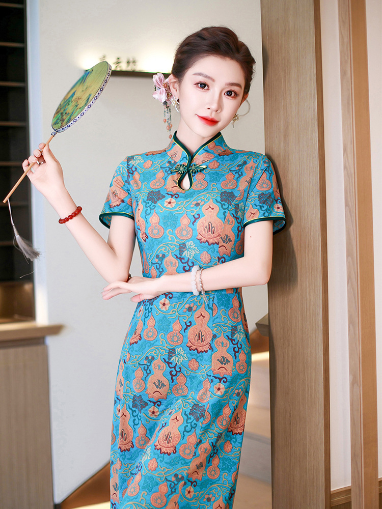 Đầm maxi nữ cổ đứng kiểu tân Trung Hoa in họa tiết dáng dài — xanh lam, màu đỏ