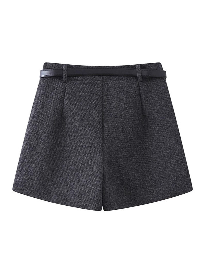 Quần short len cạp cao nữ dáng thẳng, phong cách thời thượng — Màu xám đậm (len nâng cấp), Màu đen (len nâng cấp)