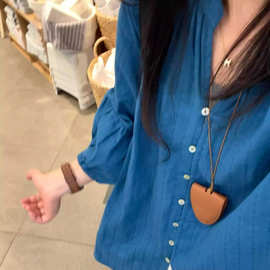 chao推荐！显白克莱因蓝v领衬衣女夏季宽松显瘦7分袖韩系防晒上衣