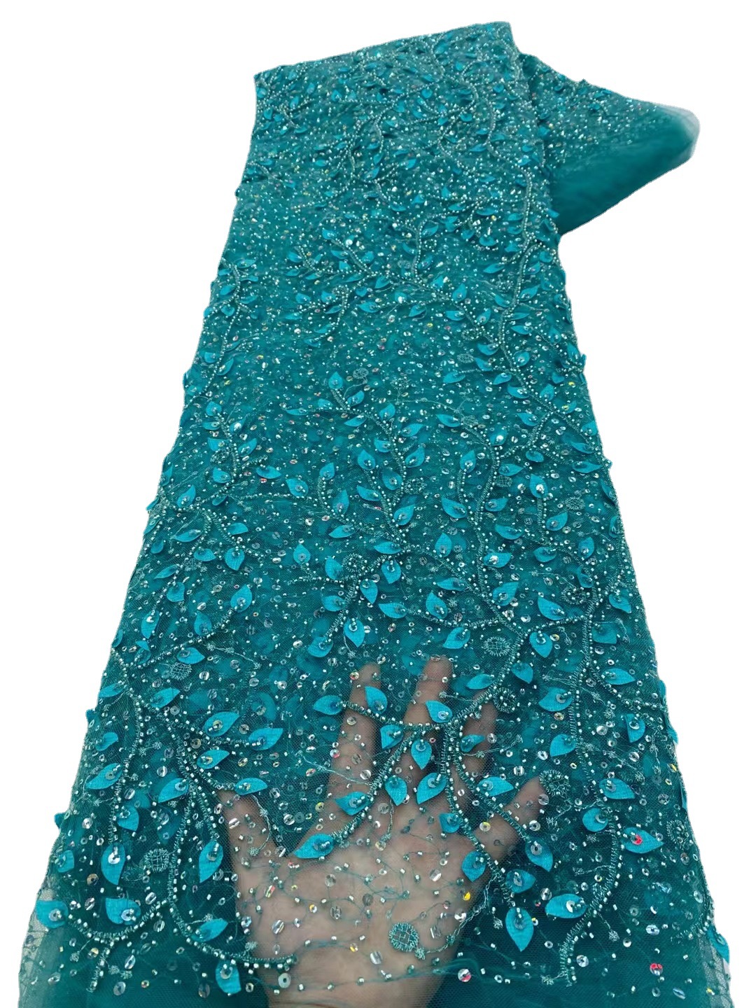 Encaje nuevo encaje de malla de lentejuelas bordado tela 3D hojas tridimensional flor tul moda vestido de novia tela JX3450