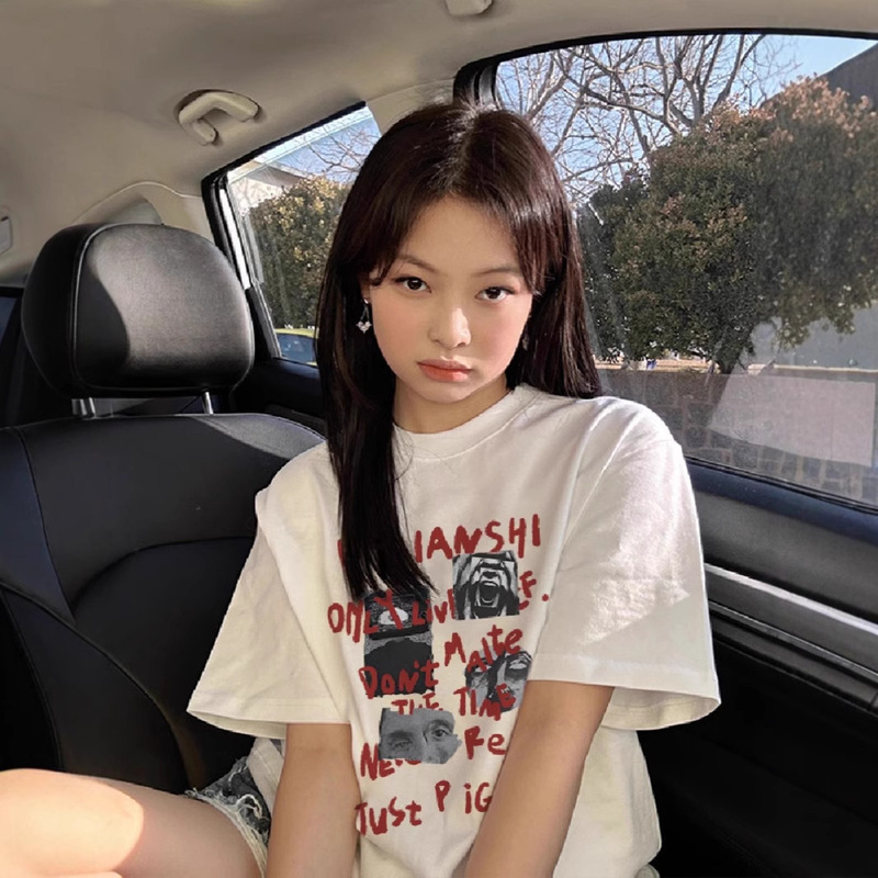 Pure Cotton American Style Trendy Brand Letter Shoulder Short-sleeved T-shirt Women's 2025 New Explosive Loose High-end Sense Half-sleeved Top