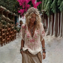 跨境欧美夏季新款v领气质优雅文艺复古风短袖上衣女