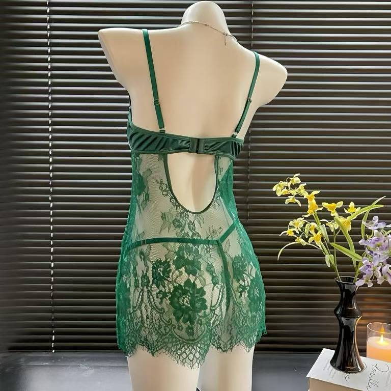 Lace Babydoll Set with Suspenders and Push-Up Shaping, Women’s Split Nightgown — detail image 2