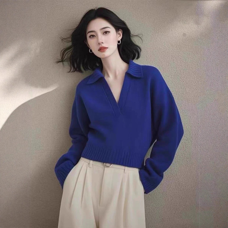 法式高级感半开领蓝色毛衣女新款时尚克莱因蓝上衣长袖针织衫|undefined