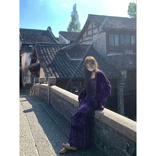 松弛感百搭镂空针织开衫春季植绒碎花吊带连衣裙气质长裙两件套装