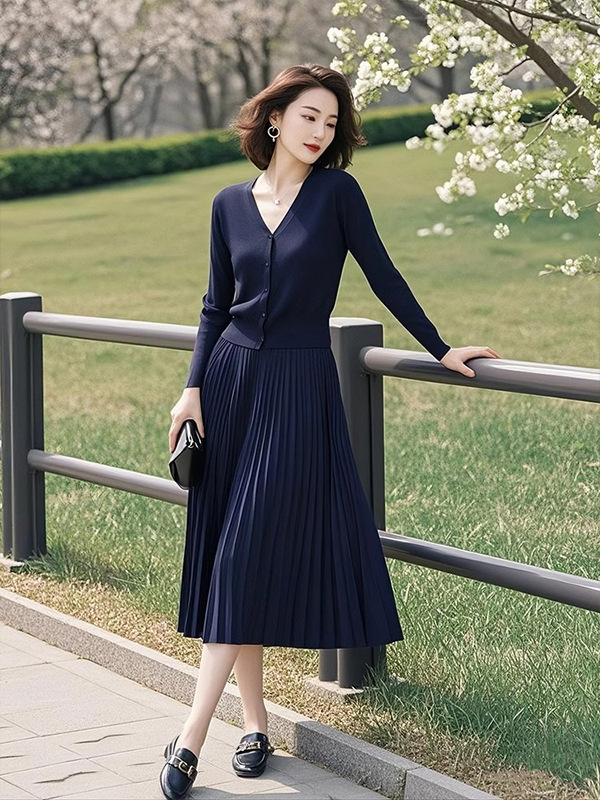 深蓝色针织套装女装2025秋季新款韩版开衫上衣百褶半身裙子两件套|undefined