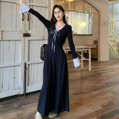 2025年新款韩系学院风连衣裙子女气质慵懒感收腰打底内搭长裙女装
