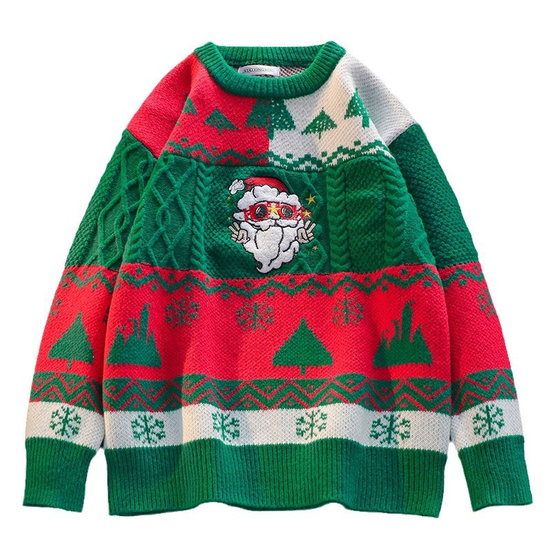 Suéter de Navidad para hombres y mujeres, diseño suelto, Santa Claus flocado, tendencia de gran tamaño, camiseta de punto de pareja de industria pesada.