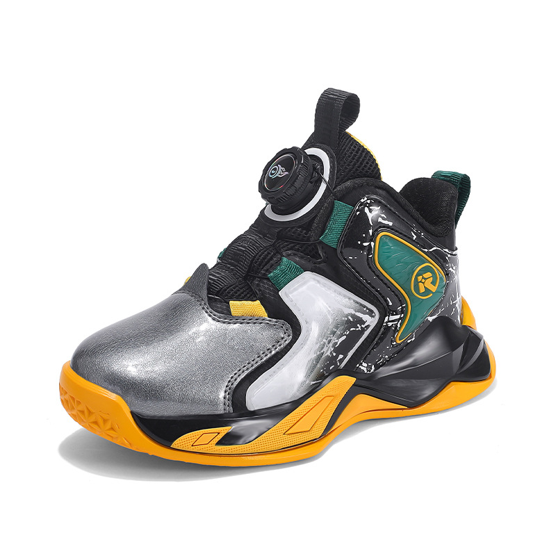 Inventario al por mayor de tendencia de zapatos de baloncesto de cuero con botones giratorios cómodos zapatos deportivos interiores frescos zapatos para niños para correr