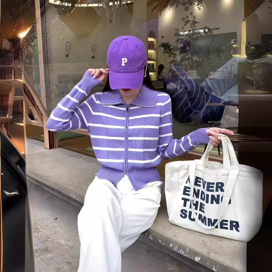 2023 Весенний Новый Ледяной Шелковый Кардиган Полосатый Трикотаж Модная Куртка С Большими Лацканами Европейский Ленивый Ветер Контрастный Кардиган