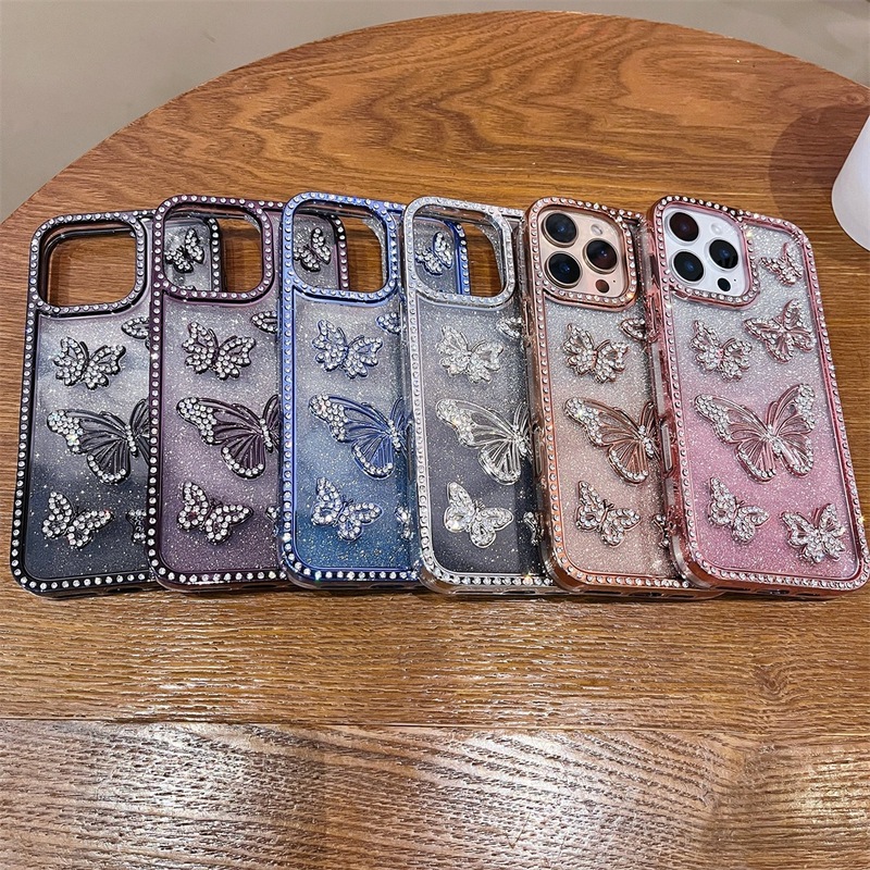 iPhone17電気メッキ立体蝶ポイントダイヤモンド携帯電話ケース、Apple 16promax対応、グラデーショングリッター15、越境販売|undefined