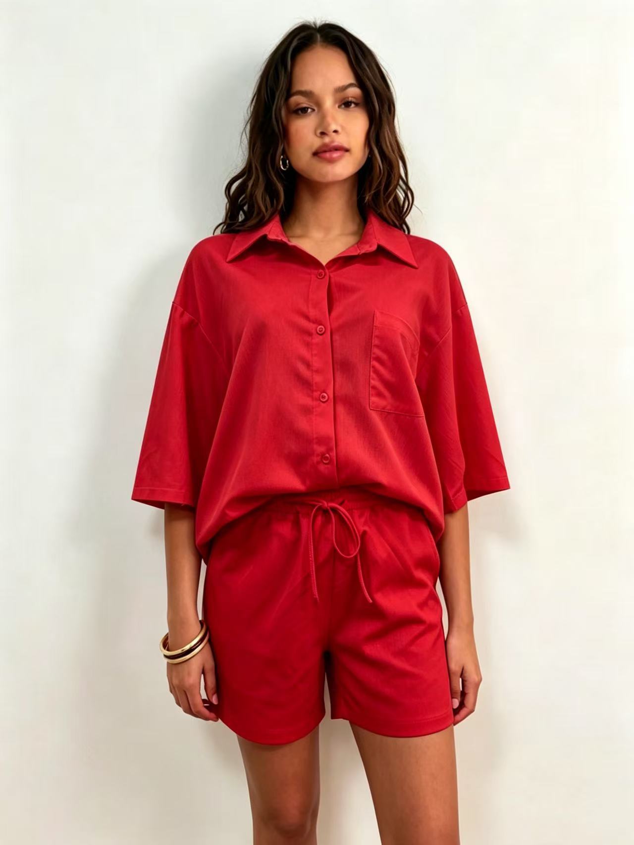 Women's Multi Color Collared Loose Fitting Shirt And Shorts Set Casual Solid Color Everyday Commuter Fashion_ecoleips.com