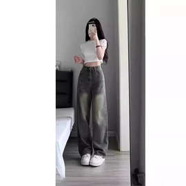 大码女装复古绿直筒牛仔裤2025年秋季新款胖mm高腰显瘦遮胯阔腿裤