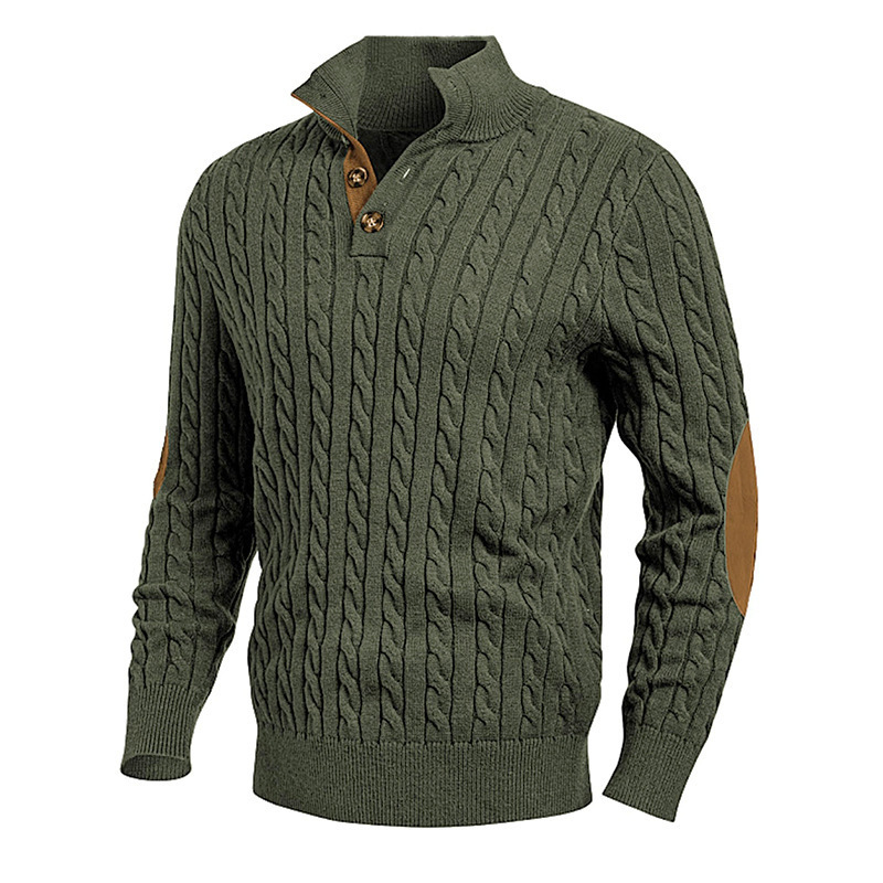Autumn and Winter European and American Knitted Knitwears Slim Button High Collar Suede Stitching Knitwear Cross-Border Amazon Muscle Men's Clothing Autumn and Winter European and American Knitted Knitwears Slim Button High Collar Suede Stitching Knitwear Cross-Border Amazon Muscle Men's Clothing