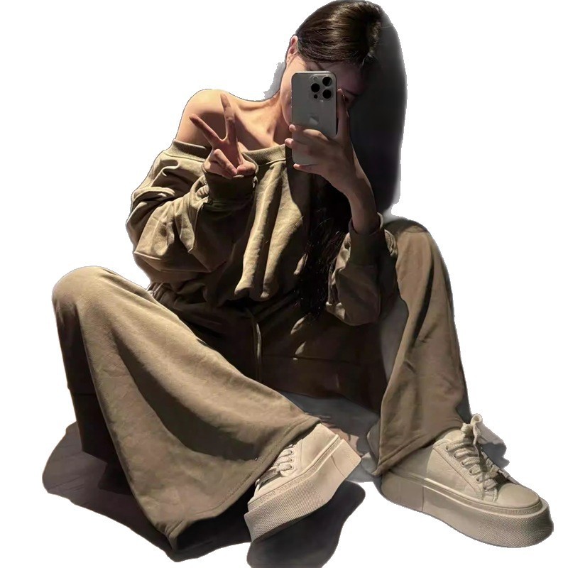 休闲运动套装女装早秋韩系慵懒风斜肩长袖修身卫衣微喇裤子两件套|undefined