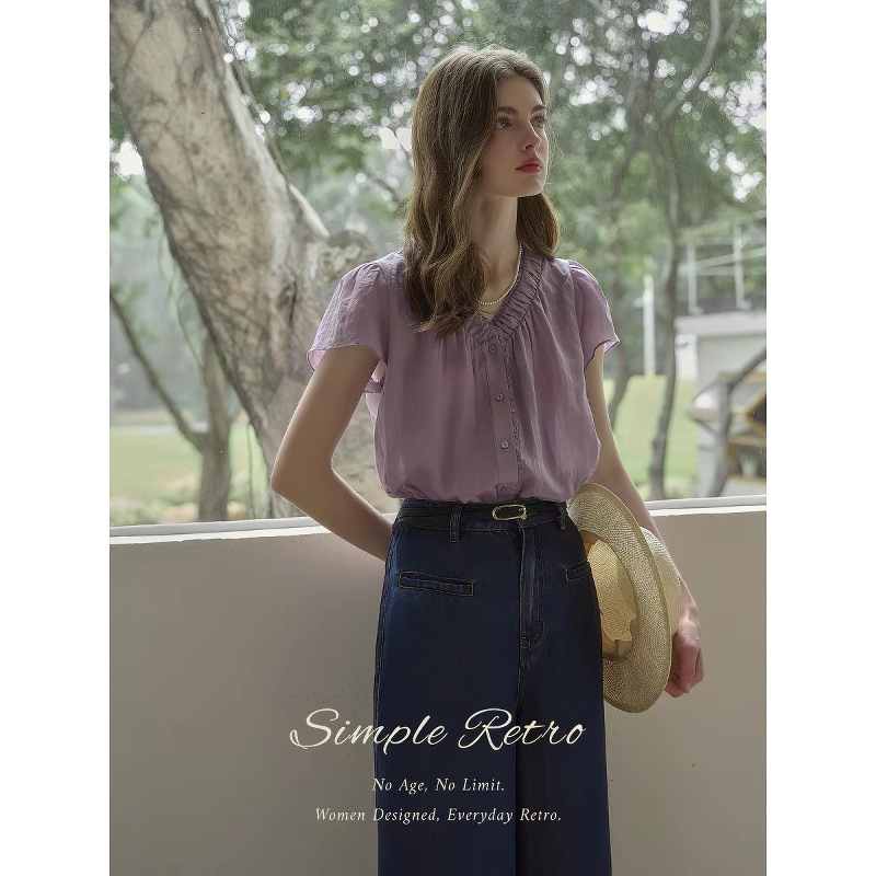 SimpleRetro Taro Ramie V-neck Custom-dyed Purple Lazy French Shirt Retro Short-sleeved Sun Protection Shirt