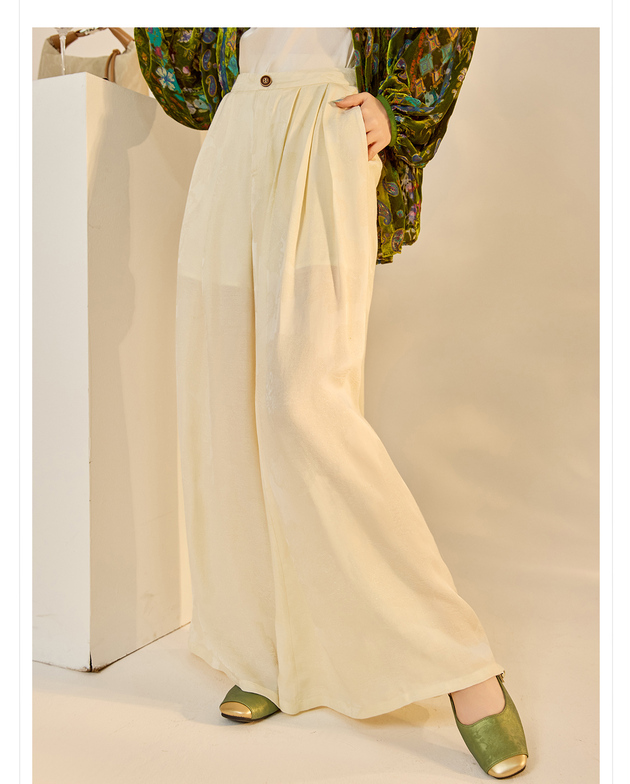 Quần ống rộng nữ phong cách Trung Hoa mới, chất rayon dệt vàng satin rủ — đen, Màu trắng nhạt, màu vàng chi tiết 4
