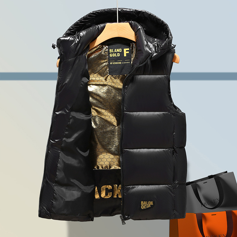 2023 nuevo chaleco de algodón de pluma de oro negro transfronterizo para hombres y mujeres relajado ocio grueso chaleco chaqueta de moda delgada