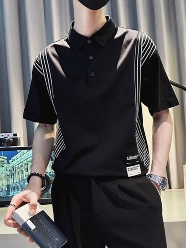 Ice silk short-sleeved T-shirt men's summer thin lapel polo shirt high-end casual beaded cotton summer fashion brand half-sleeves