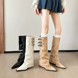 羊皮版！法式尖头内增高骑士靴女皮带扣白色长筒靴时尚坡跟裤管靴