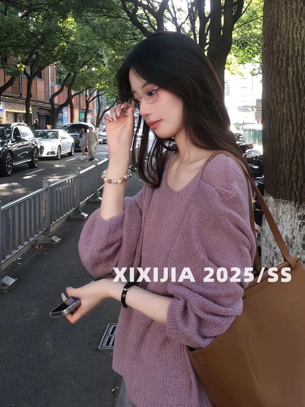 CHIC希希家 温柔软糯慵懒紫色罩衫女秋冬镂空微透防晒长袖针织衫|undefined