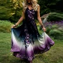 无袖印花v领渐变连衣裙