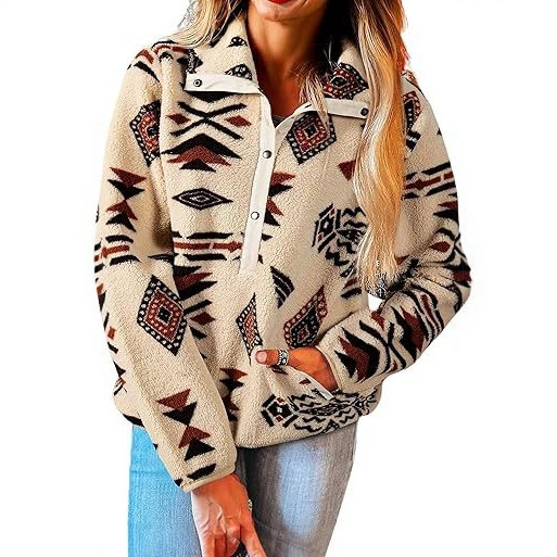 Cross-border women's Western Aztec sweatshirt with half-zip, plush casual ethnic wool long-sleeve pullover top