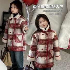 2025新款秋冬款女童呢子大衣毛呢外套加厚加绒中长款中大儿童格子