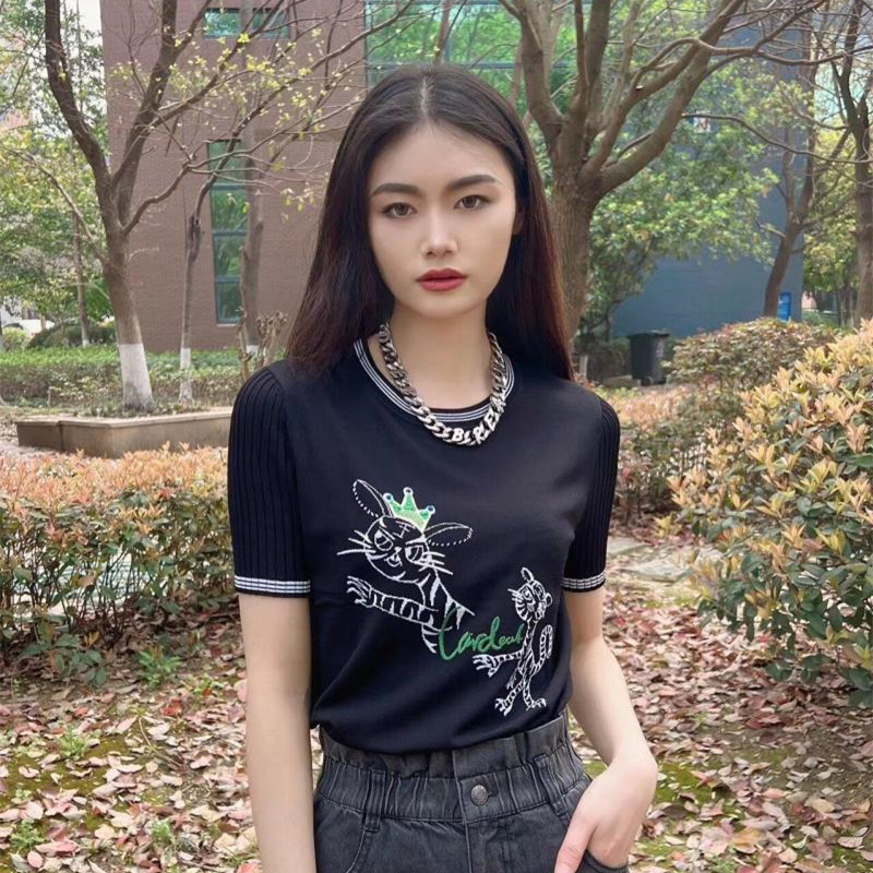 Áo thun ngắn tay nữ dệt kim lụa băng mỏng thêu kim cương họa tiết hổ — Đen (một con hổ)