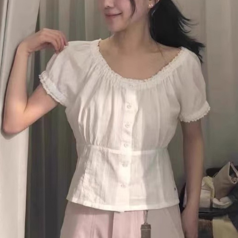 衬衫女2025夏季新款chic收腰甜美花边泡泡袖圆领清纯短款小衫上衣|undefined