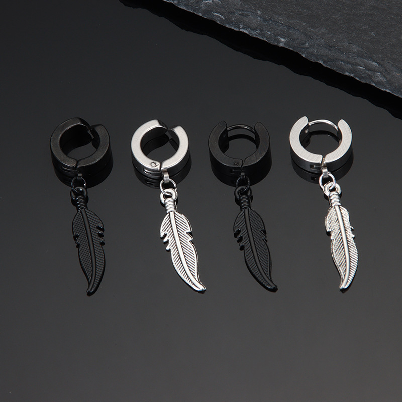 Ear clip no ear hole feather leaf ear buckle no ear hole earring men and women students street personality black titanium steel earrings
