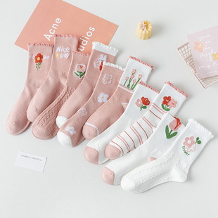 Zhuji socks women's spring and summer new mid-calf length socks pink lace girl's socks ins trendy stockings Cotton College style sweet