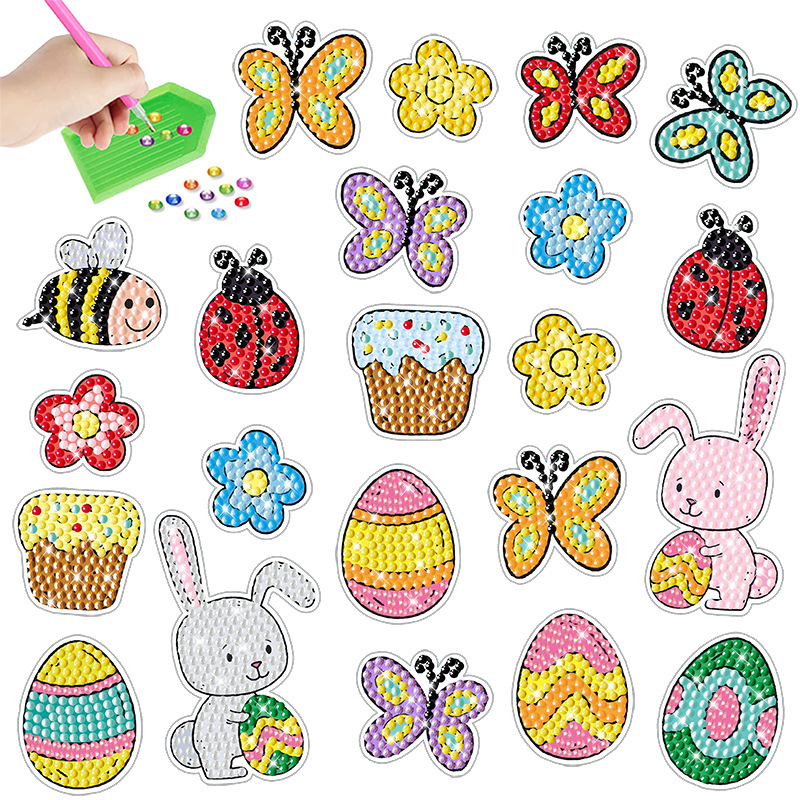 Venta caliente de dibujos animados huevo animal diamante pintura gratis pegatinas DIY Pegatinas de pared de ladrillo niños hecho a mano pegatinas diamante redondo