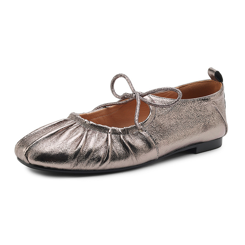Giày ballet nữ da cừu mềm mũi tròn đế bệt xếp ly nơ buộc dây — Màu súng
