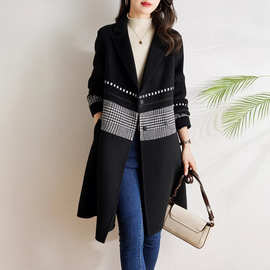 外贸千鸟格拼接毛呢外套女2026秋冬新款加厚黑色小个子中长款大衣
