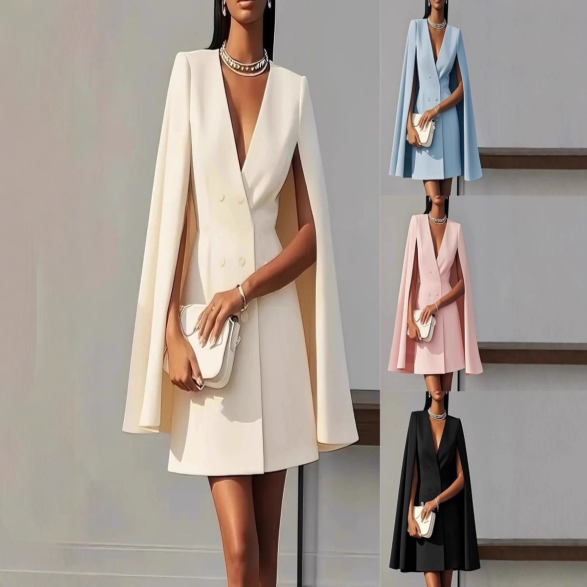 2025 European and American Amazon Cross-Border Autum Work Clothing Double-Breasted Shawl Cloak Pure Color Suit Dress Women's Clothing