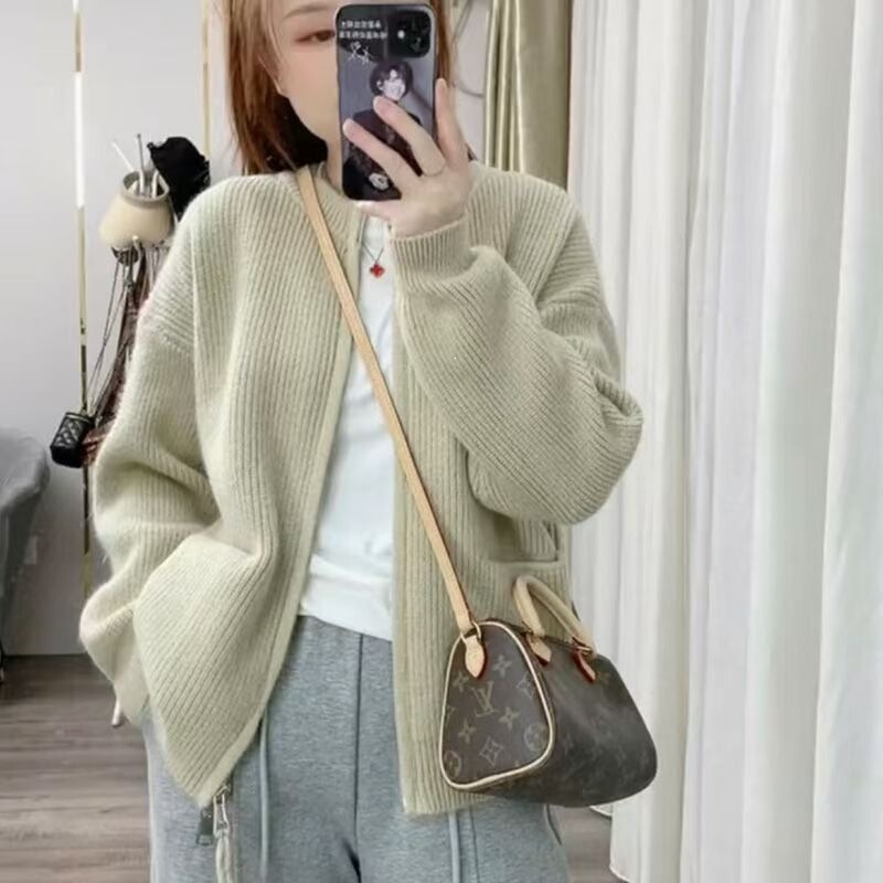 Retro sweater coat for women, spring and autumn, Korean style, new knit, casual, small size, round neck, gray
