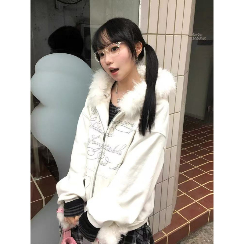 American Retro Letter Printed Fur Collar Cardigan Sweatshirt for Women in Autumn and Winter High-End Loose Casual Versatile Jacket Trendy