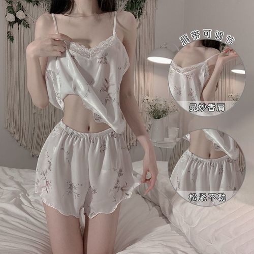 Wind pajamas for women, summer high-looking suspender shorts two-piece set, ice silk thin floral floral student home clothes for women