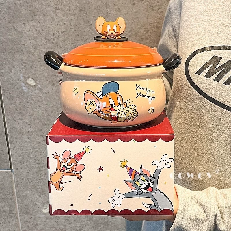 Чаша для лапши быстрого приготовления Tom and Jerry с двумя ушками и крышкой для студентов общежития, керамическая большая чаша для лапши для дома, милый подарок на день рождения