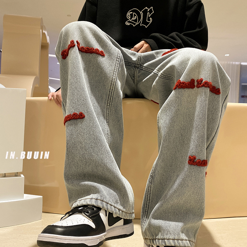 Blugi de stradă înaltă cu design hiphop pentru bărbați, toamnă și iarnă, lejeri, drepți, cu prosop de mop, brodați, pantaloni largi, rezistenți_voghion.com