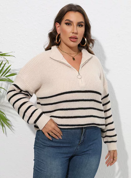 New Women's Sweater Cross-Border European and American Plus-Size Women's Knit Striped Patchwork High-Neck Zip-Up Loose Woven Sweater