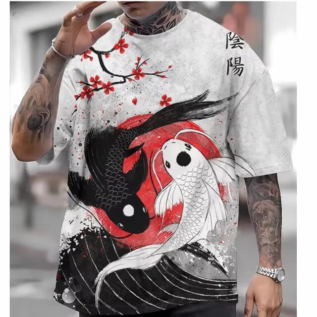 Summer New Beach Street Japanese Ukiyo 3D Print Men's Harajuku Fashion Round Neck Hip Hop Cross Border