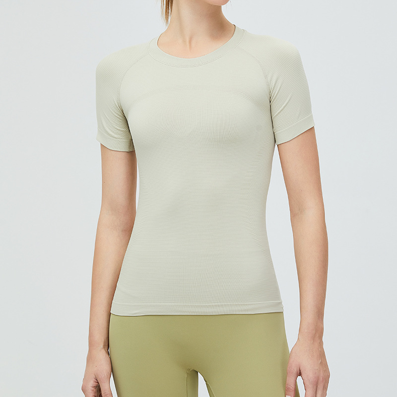Ropa de yoga sin costuras de Europa y América camiseta de fitness desnuda transpirable para mujer manga corta correr sin costuras de secado rápido deportes yoga top