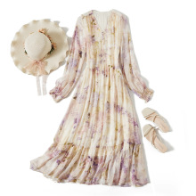 芭碧尔真丝连衣裙欧洲时尚V领长袖碎花长裙厂家直销一件代发81055