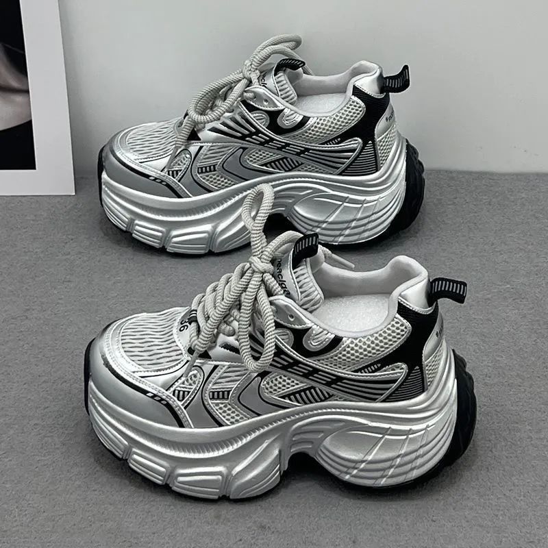 Silver Stacked Inner Height-Increasing Women's Shoes 2025 New Summer Ins Popular Thick-Soled Platform Sports and Leisure Dad Shoes