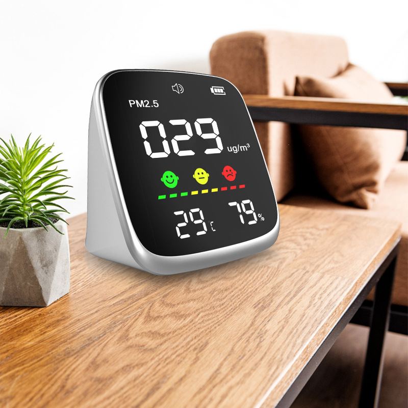 Suministro directo de la fuente, función de alarma, detector de calidad del aire PM2.5, temperatura y humedad, comercio inglés