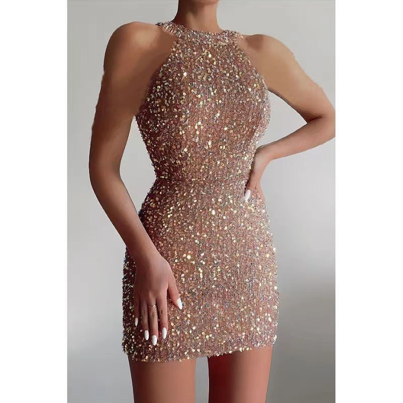 2025 Frühjahr und Sommer neue Mode Neckholder sexy Kristallquaste hüftbedeckendes Pailletten europäisches und amerikanisches Kleid mittelhohes Abendkleid