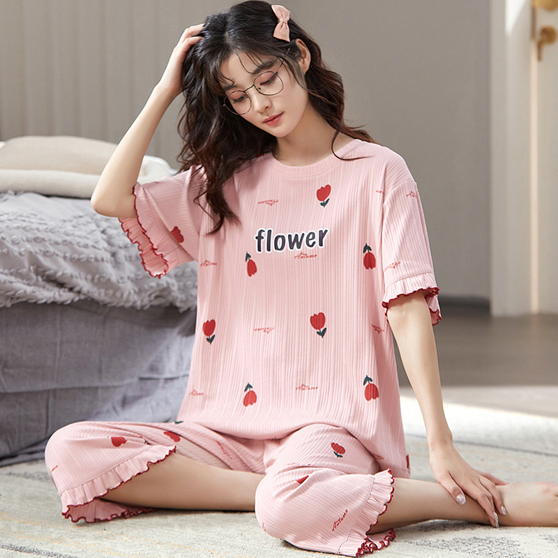 Pajamas Women's Summer Cotton Cute Short-sleeved plus size Thin Capri Pants Two-piece Suit Korean Style Summer Home Clothes