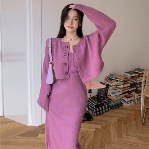 韓国スタイルのジャケット + サスペンダーツーピースニットドレス女性のための秋と冬ルーズスリムソリッドカラー長袖セータードレス女性のための|undefined